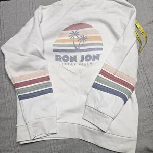 Ron Jon Women's White Crewneck Sweater with Striped Sleeves